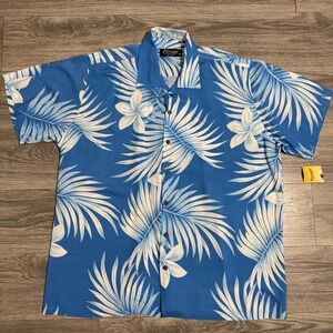 Favant Mens Hawaiian Shirt 2XL Blue White Tropical Palm Hibiscus Vacation